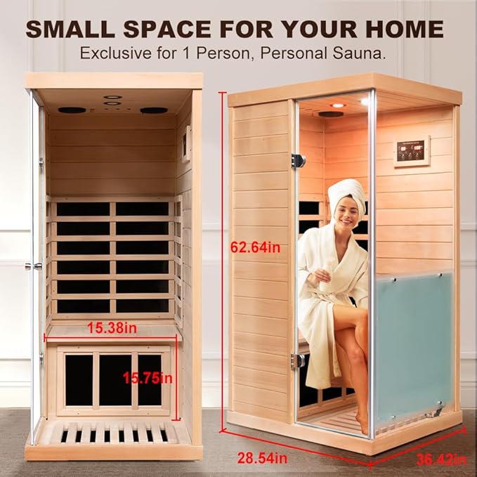 Sauna Infrared Saunas for Home 1 Person, 1060W Far Infrared Sauna Room Hemlock Wood Indoor Saunabox with Tempered Glass, Blue-Tooth Speakers, LCD-Display Control Panel