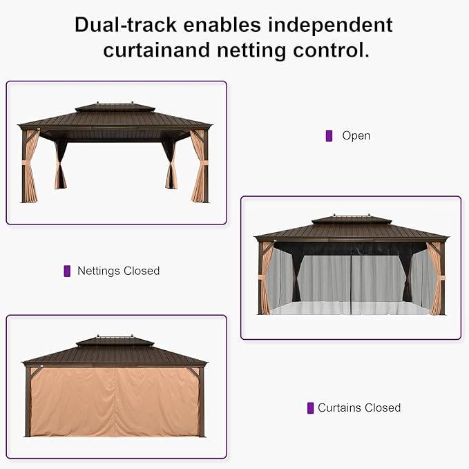 PURPLE LEAF 13' X 17' Outdoor Hardtop Gazebo Patio Wide Aluminum Frame Galvanized Steel Double Roof with Heavy Duty Netting and Curtains for Permanent Hard Top Pavilion Screen Khaki