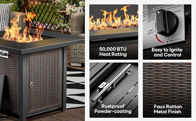 6 Pieces Patio Furniture Set with Fire Pit Table, Wicker Rattan Outdoor Furniture Set with Loveseat and Swivel Chairs for Yard, Deck, Garden, Light Beige Wicker/Blue Cushion
