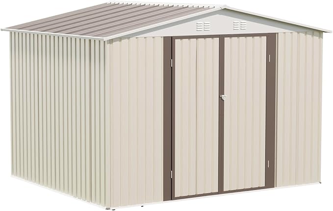 10x8 FT Outdoor Storage Shed,Metal Aluminum Tool Sheds,Heavy-Duty Sheds with Sloped Roof, Air Vent and Hinge Doors,Garden Shed Bike Shed for Backyard Patio Lawn,Cream White