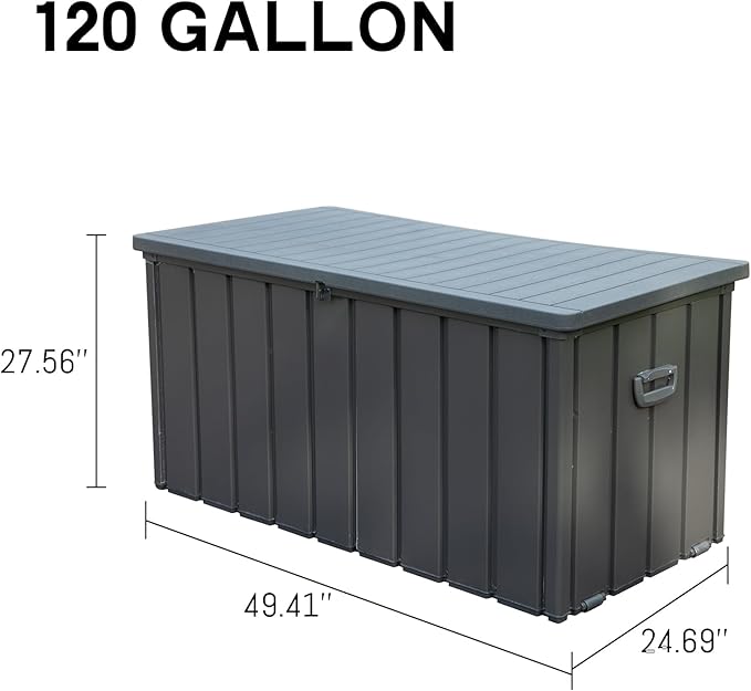 LANTRO JS Pool Storage Box 120 Gallon, Waterproof Deck Box, Resin Lid Metal Patio Storage Bin with Lockable, Dark Gray