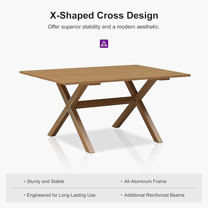 PURPLE LEAF 7 Pieces Patio Dining Set Wicker Outdoor Furniture Rectangular Table and Chairs Set for Garden Deck Teak-Finish Aluminum Frame Backyard Kitchen Set, Cushions and Pillows Included