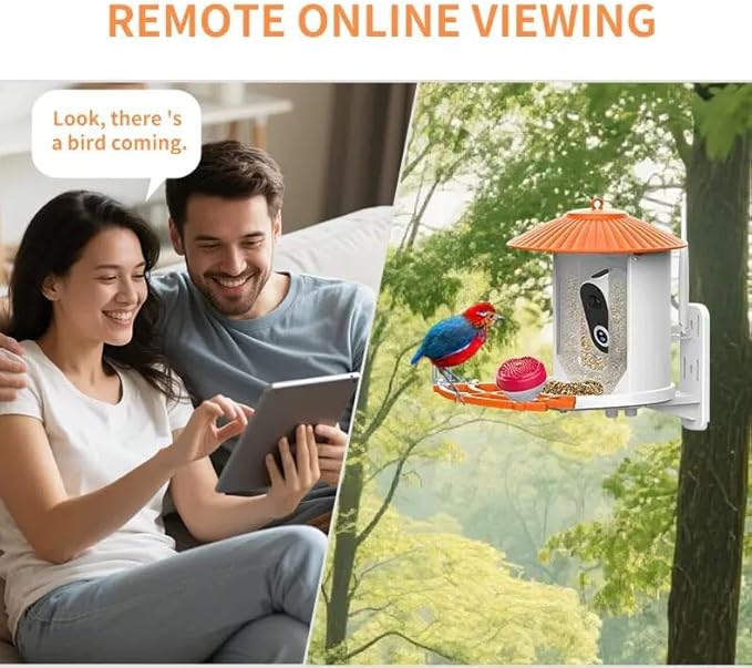 Smart Bird Feeder with Camera Wireless Outdoor, Solar-Powered, Infrared Light captures Movement Trajectory, Smart Bird House with Cam, 2K Live View, Ideal Present for Backyard Birder (Orange)