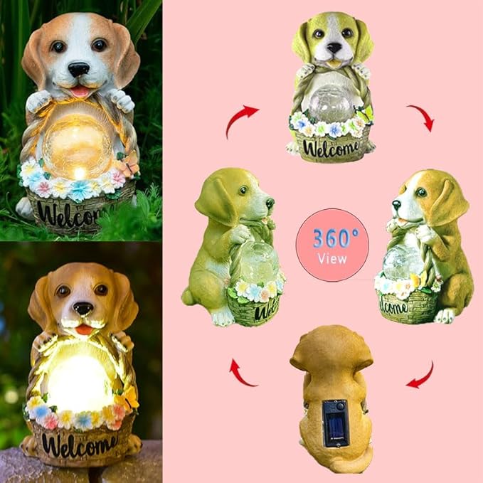 Solar Dog Statue for Outdoor Light Garden Yard Decor - Pupppy Figure for Decoration Gifts for Granpa Birthdays & Dog Lovers