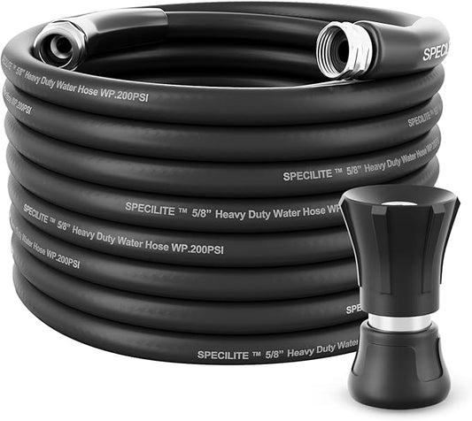SPECILITE 5/8" Hot/Cold Water Hose 75 ft with High Flow Nozzle,Heavy Duty Flexible Rubber Garden Hose -50℉ to 158℉ With 3/4" Stainless Steel Fittings for Yard, Outdoor, Farm, Lightweight, Black