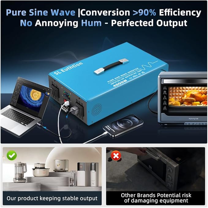 4000W Pure Sine Wave Power Inverter Voice Control AI Voice Assistant Support English 24V to 120V 60HZ with LCD Display, USB Port, for Car Home Laptop Truck