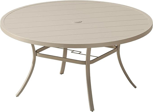 VICLLAX 60" Outdoor Round Patio Dining Table for 8-10, All Weather Metal Dining Table with Umbrella Hole for Deck Lawn Garden Backyard, Sandshell