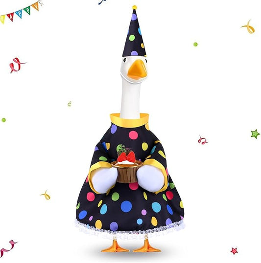 Happy Birthday Goose Outfit Porch Goose Outfits with Happy Birthday Cake Hat and Clothing for 23" Cement/Plastic Porch Goose Outdoor Statue Patio Yard Lawn Art