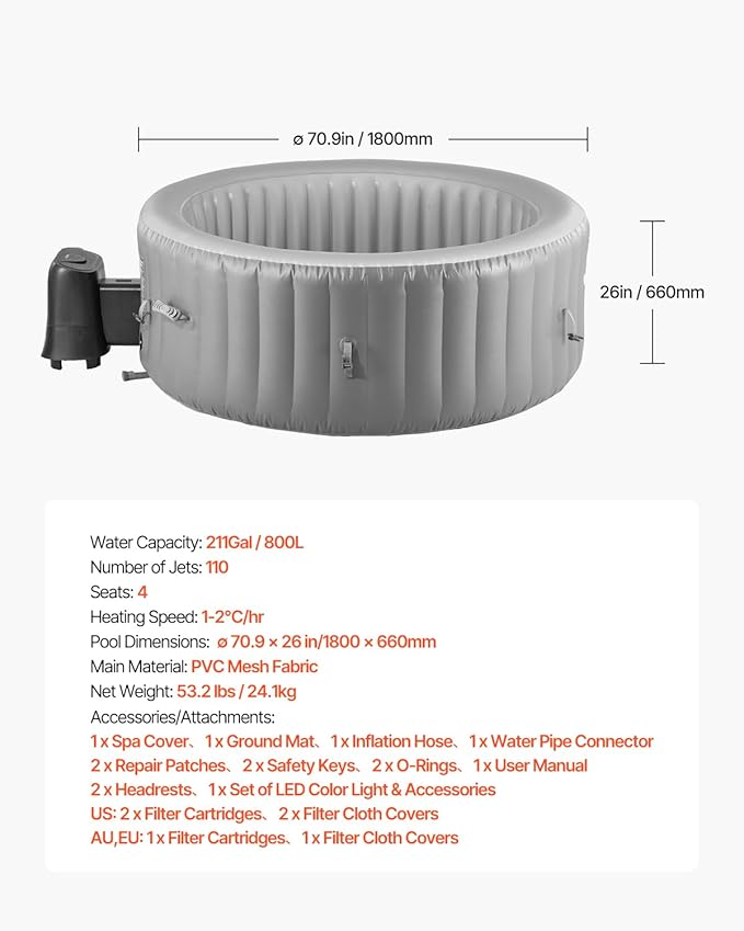 VEVOR Inflatable Hot Tub, 2 to 4 Person Capacity, 70.9 x 26 in Round Portable Outdoor Spa, with 110 Soothing Jets, Filter, Cover and Mat, Multi-Function Control Panel, PVC Outdoor Hot Tub, Grey