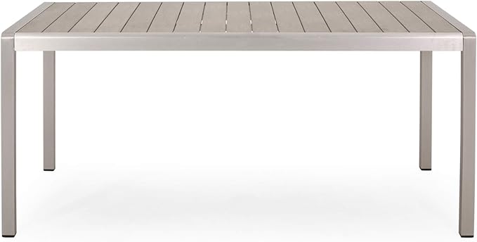 Great Deal Furniture Hannah Outdoor Modern Aluminum Dining Table with Faux Wood Table Top, Natural and Silver