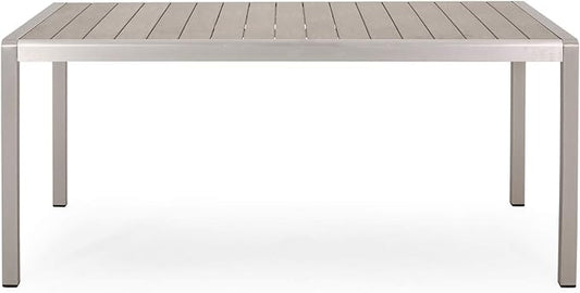 Great Deal Furniture Hannah Outdoor Modern Aluminum Dining Table with Faux Wood Table Top, Natural and Silver