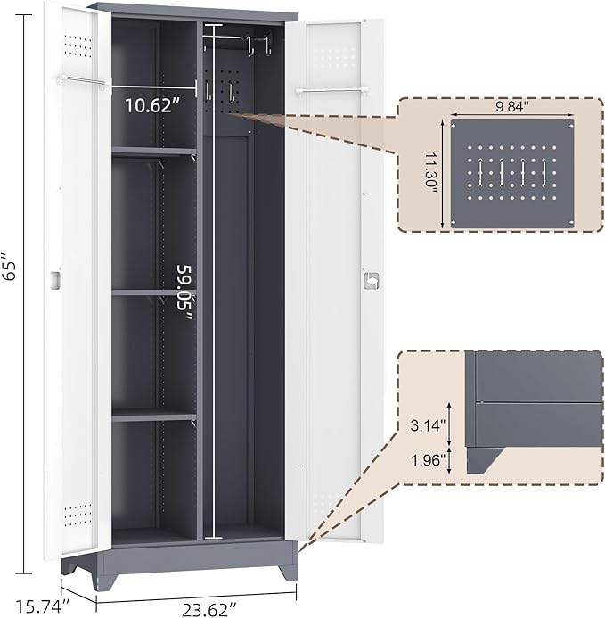 GREATMEET 65" Garage Storage Cabinet, Broom Closet Storage Cabinet, Storage Shed, Metal Cabinets with Doors and Shelves, Tool Shed for Brooms and Mops, Utility Cabinets for Storage, Grey&White