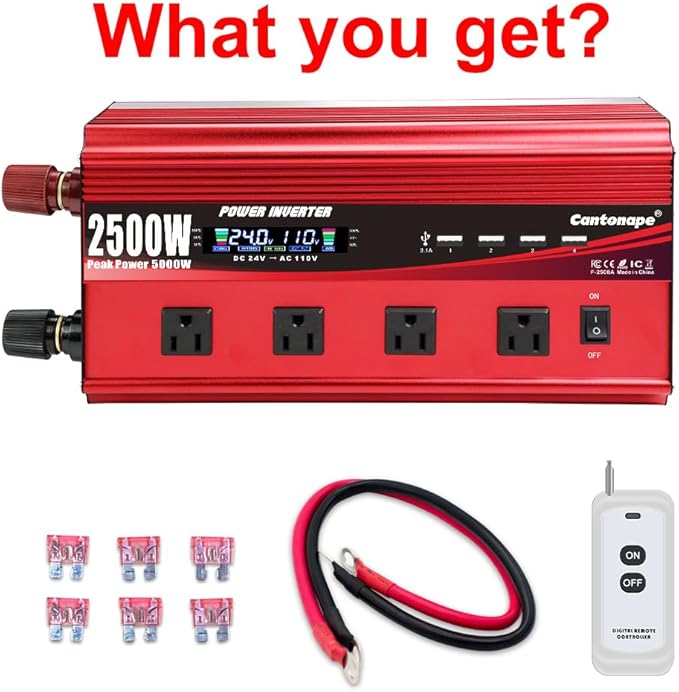 2500W Power Inverter 24V to 110V/120V DC to AC with LCD Display, Remote Controller 4 x AC Outlets and 4 x 3.1A USB Car Adapter for Car Truck Boat RV Solar System