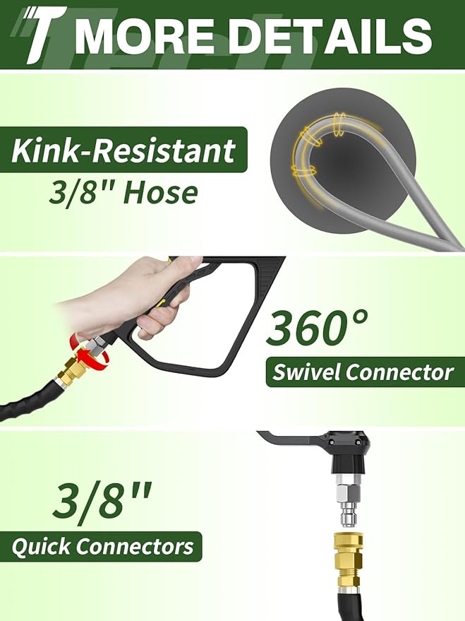 3/8" 4800PSI Pressure Washer Hose 75FT with Swivel Quick Connect for Cold/Hot Water Max 248°F, Kink Resistant Steel Wire Braided, Wear Resistant Power Washer Hose with M22 14mm Adapter