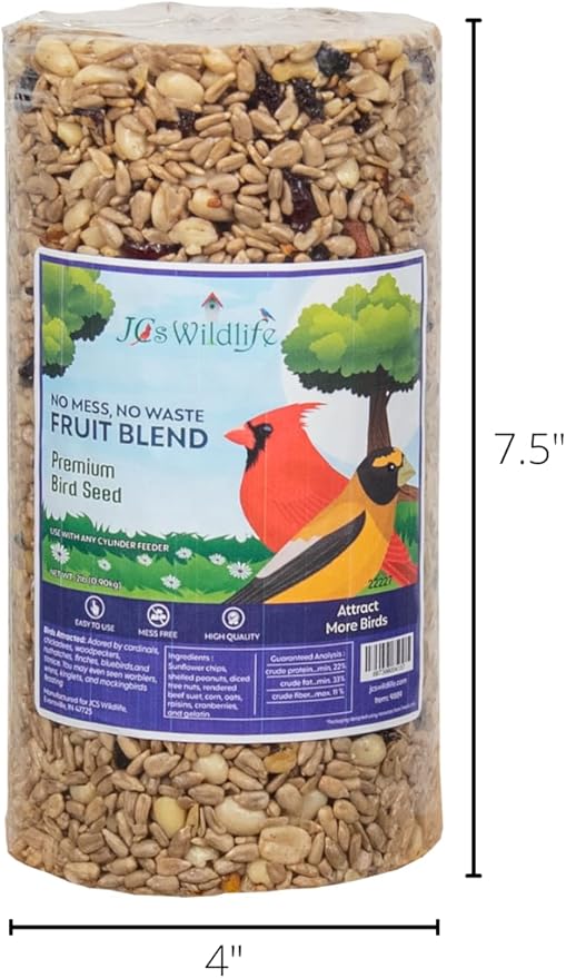 JCs Wildlife No Mess, No Waste Fruit Blend Premium Bird Seed Small Cylinder with Hole, 2 lb (6 Cylinder)