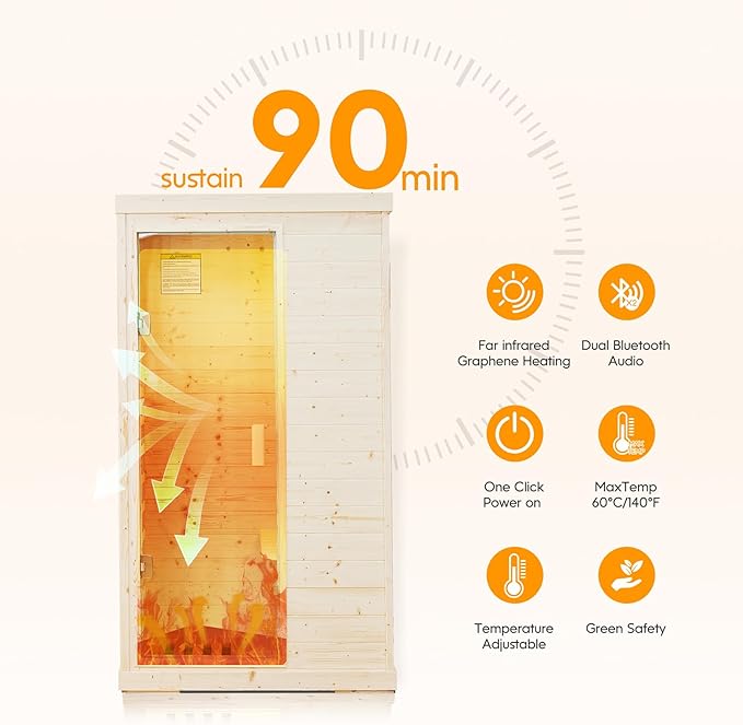 Far Infrared Sauna 1 Person Sauna Room Home Spruce Wood Indoor Saunas 900W/110V Low EMF Dry Sauna 5 Energy Saving Heating Panels, Built-in Control Panel, Speakers, Reading Lights and Circulation Vents