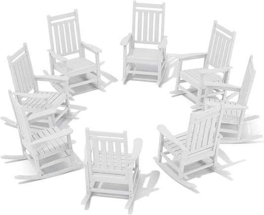 SERWALL HDPE Outdoor Rocking Chair Set of 8, Patio Rocking Chairs for Adults, All Weather Outdoor Rockers for Lawn, White