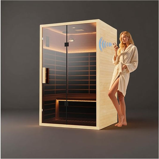 Low EMF Far Infrared Sauna for 2 Person, Canadian Hemlock Wood Sauna Room with Tempered Glass Door, WiFi Control, 110V, 10 Infrared Heaters, 2200W, Reading & 7-Color Starry Light, Oxygen Bar, Speaker