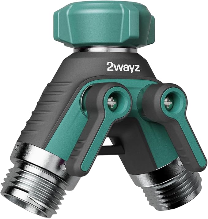 2WAYZ Dual Outlet Water Hose Splitter - Heavy-Duty Brass Y Connector, 360° Rotation, Easy Installation, Leak-Proof Design with Spigot Extender - Ideal for Garden, Washing Machines, Outdoor Faucets