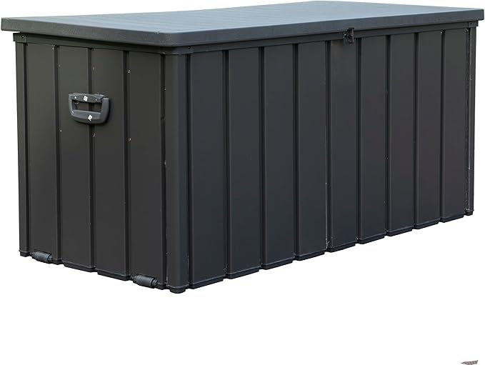 LANTRO JS Pool Storage Box 120 Gallon, Waterproof Deck Box, Resin Lid Metal Patio Storage Bin with Lockable, Dark Gray