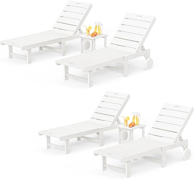 Outdoor Chaise Lounge Chairs with Table, 6-Piece, 26.8” Super Wide Lounge Chair Outdoor, HDPS Pool Chairs with 5 Positions, Patio Lounge Chair with Wheels for Pool,Lawn,Backyard, White