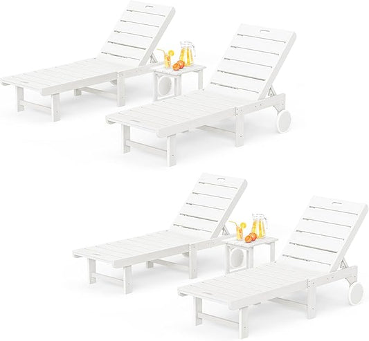 Outdoor Chaise Lounge Chairs with Table, 6-Piece, 26.8” Super Wide Lounge Chair Outdoor, HDPS Pool Chairs with 5 Positions, Patio Lounge Chair with Wheels for Pool,Lawn,Backyard, White