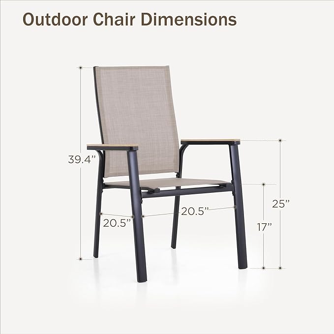 PHI VILLA Outdoor Stackable Chairs, Patio Chairs Set of 8, Light Weight Aluminum Frame with Textilene Fabric & Wood Armrest, High Back Deck Chairs for Poolside Lawn Garden, Beige