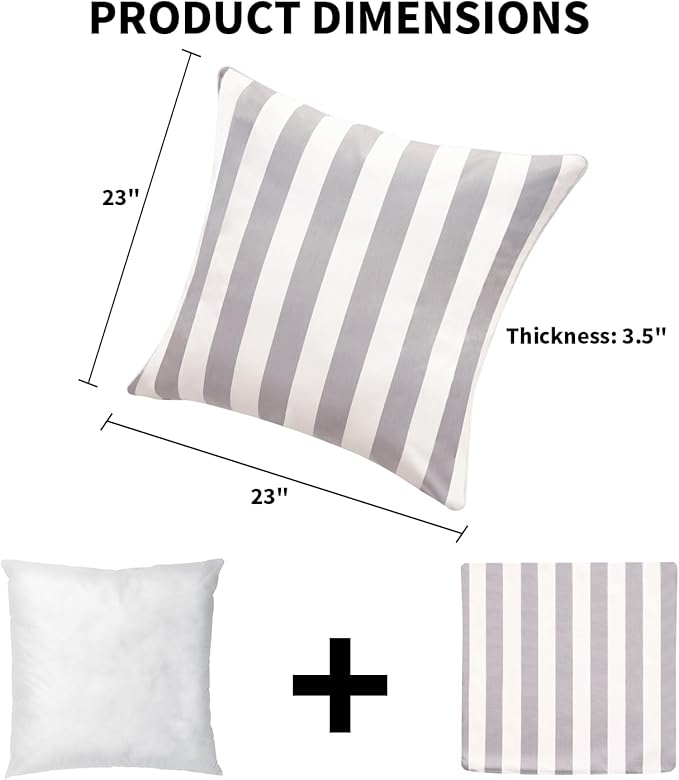 Pack of 2 Decorative Outdoor Throw Pillows 23" x 23" Square Garden Cushion for Patio Sofa Thick Cushion for Couch,Sofa,Grey Stripes