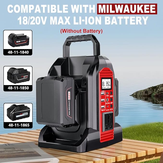 350W Power Inverter Compatible with Milwaukee18V Battery Power Supply Inverter DC 20V to AC 110~120V Pure Sine Wave Inverter with LED Light,AC,DC,Type-C,USB Port for Camping Emergency Travel