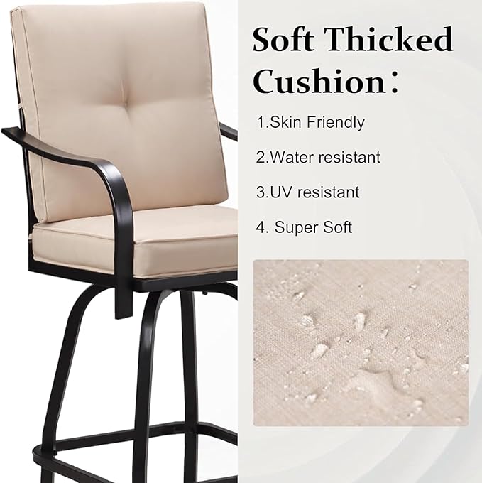 Patio Swivel Bar Stools, Outdoor High Back Swivel Bar Stool Chair Set of 2 with Cushion & All Weather Steel Frame, Beige