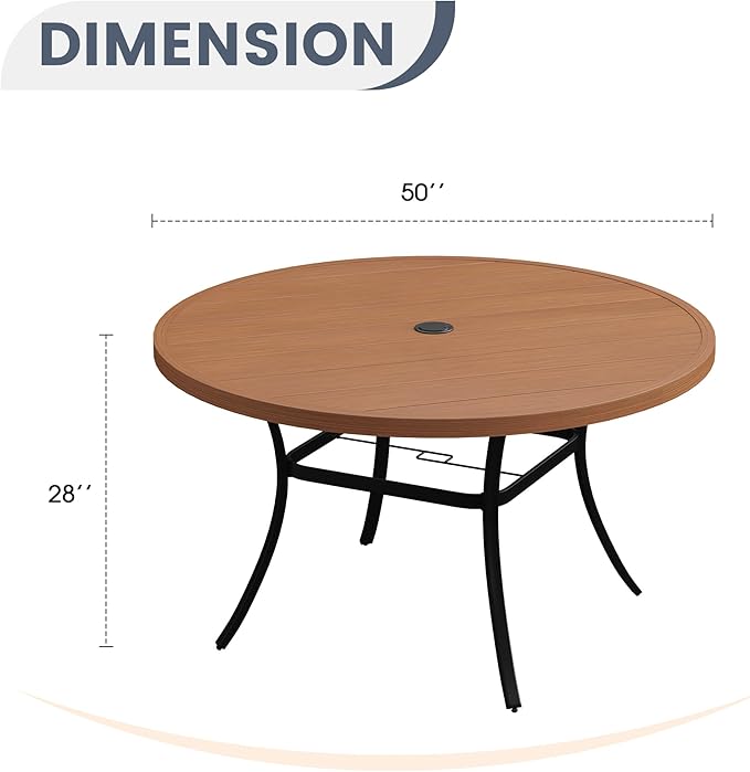 VICLLAX 50" Outdoor Round Patio Dining Table for 4-6, All Weather Metal Dining Table with Umbrella Hole for Deck Lawn Garden Backyard, Walnut