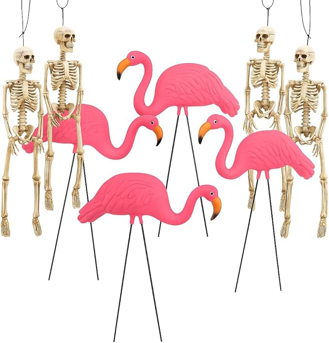 GIFTEXPRESS 8‑Piece Halloween Yard Decorations – 4 Posable 16 inch Skeletons + 4 Pink Flamingo Lawn Ornaments with Rust‑Resistant Stakes & Pink Zip Tie, Outdoor Garden Statues, Spooky Graveyard Decor