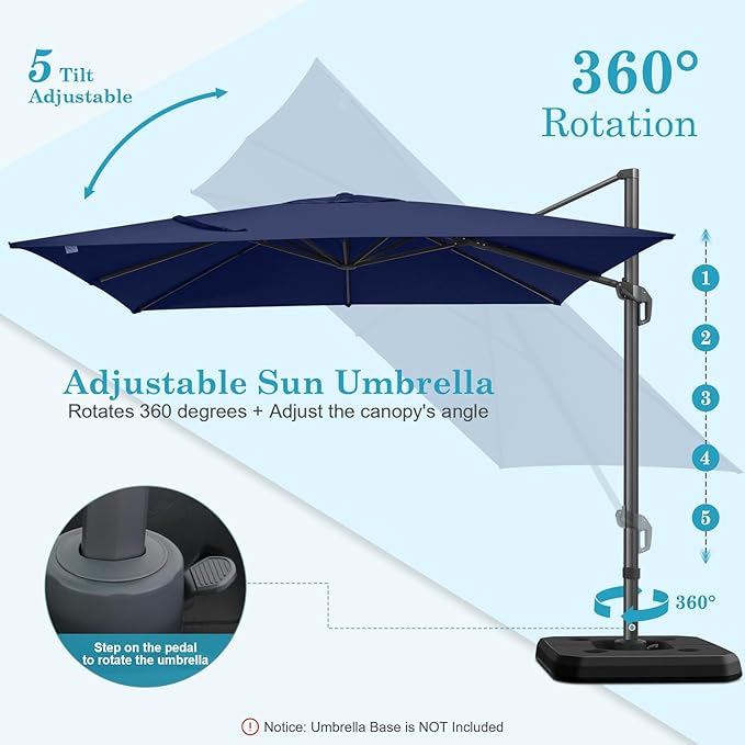 Hotime 10x10ft Large Cantilever Patio Umbrellas - Upgrade and Intensify - with 360 Rotation and 5 Angles Adjustment - Aluminum Offset Pool Umbrella Square Outdoor Umbrella for Patio Garden