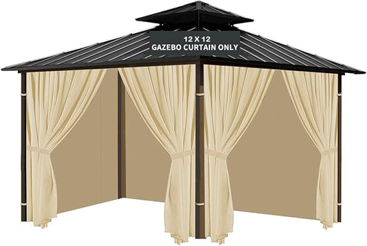 Gazebo Universal Replacement Privacy Curtain, 12'X12' Gazebo Curtains Outdoor Waterproof, 4-Panels Sidewall with Zipper for Patio, Garden and Backyard (Only Curtains, 12'X12', Khaki)