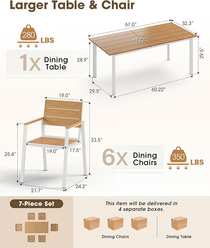 Outdoor Patio Dining Set for 6, Aluminum 7 Piece HDPE Patio Table and Chairs Set with Umbrella Hole, Modern Rectangular Patio Furniture Set with All-Weather Table & 6 Chairs (White & Teak)