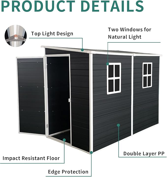 Outdoor Storage Shed, Metal Garden Shed with Double Doors, Galvanized Steel, Waterproof and Rustproof (8x4 FT Resin Shed)