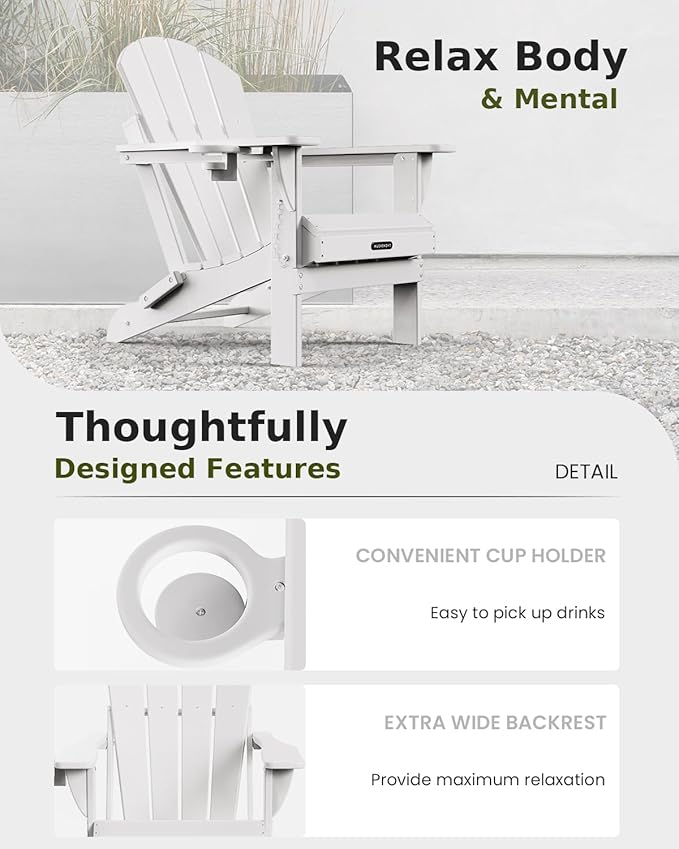 MUCHENGHY Folding Adirondack Chairs 4 Pack, Patio Chairs, Lawn Chairs, Outdoor Chairs, Adirondack Chair Plastic, Fire Pit Chairs, Weather Resistant with Cup Holder for Deck, Backyard, Garden(White)