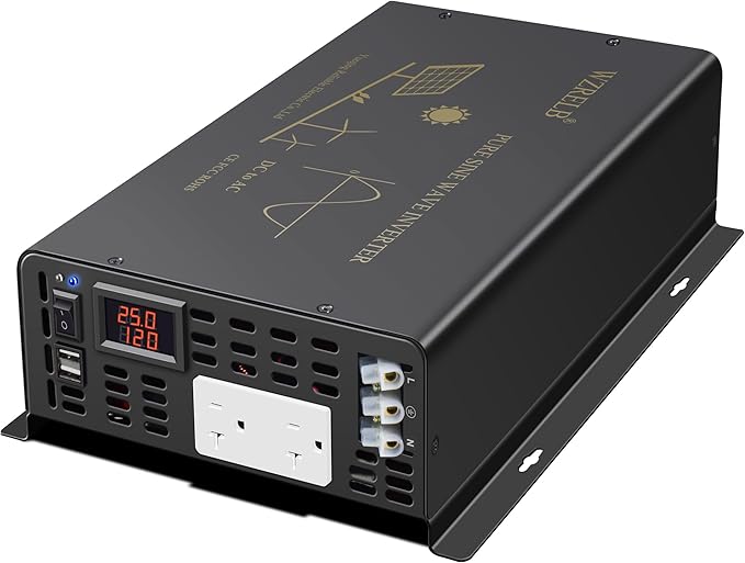 3000Watt Pure Sine Wave Power Inverter 24VDC to 120VAC 6000W Peak Built-in Soft Starter Dual AC Outlets 2× 2.4A USB Port &Hardwire Terminal Off-Grid Solar Converter RV Trucks (U5-300024)