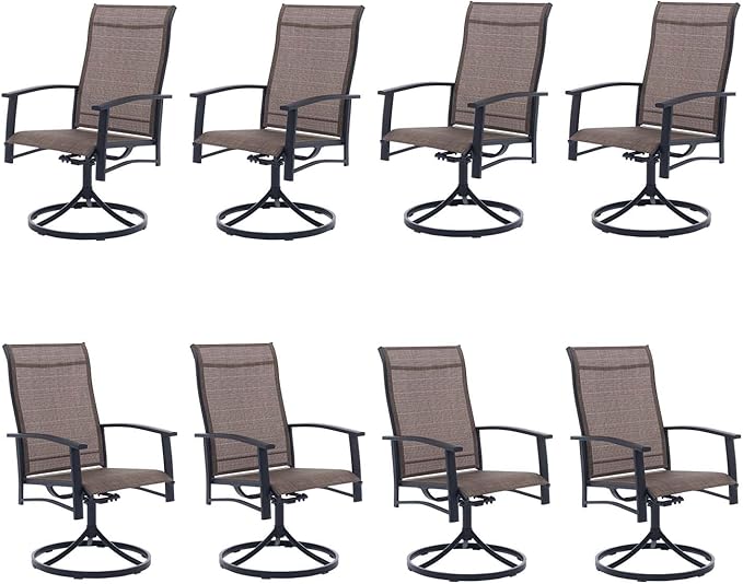 Patio Swivel Chairs Set of 8, Outdoor Swivel Chairs with Armrest, High Back Patio Chair with Metal Frame, All-Weather Outdoor Dining Chair for Deck, Porch and Lawn, Mocha