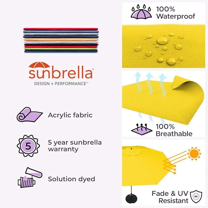 Midtown Umbrellas The Swilt 8 Feet Patio Umbrella in Sunbrella Yellow Acrylic Fabric - Fiberglass Ribs, Auto-Tilt Aluminum Frame For Backyard, Deck, Garden, Pool - White Pole