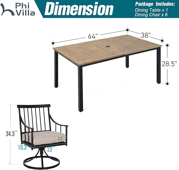 PHI VILLA 7 Pieces Outdoor Dining Set for 6, 65” Wood-Like Metal Rectangle Dining Table & Swivel Chairs with Cushions, Large Dining Furniture Set for Patio, Deck, Porch, Yard