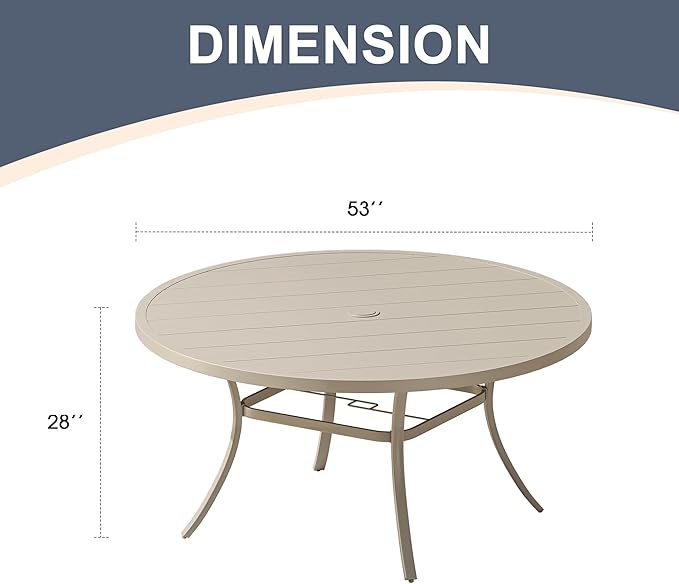 VICLLAX 53" Outdoor Round Patio Dining Table for 8, All Weather Metal Dining Table with Umbrella Hole for Deck Lawn Garden Backyard, Sandshell