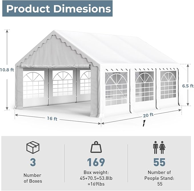 GREEN PARTY 16x20FT Party Tent Heavy Duty, Large Wedding Event Shelters with 3 Carry Bags & Removable Sidewalls, Outdoor Canopy Gazebo Commercial Tent for Carport Camping Garden Patio
