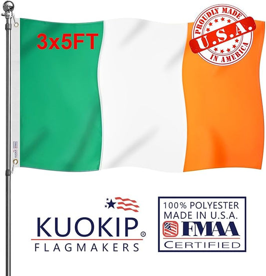 Double Sided Ireland Flag 3x5 Made in USA Outdoor Heavy Duty 3 Ply Polyester Irish Flag with White Starting Tape and 2 Brass Grommets
