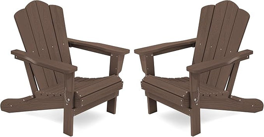 KINGYES Folding Adirondack Chair Set of 2, HDPE All-Weather Folding Adirondack Chair, Brown