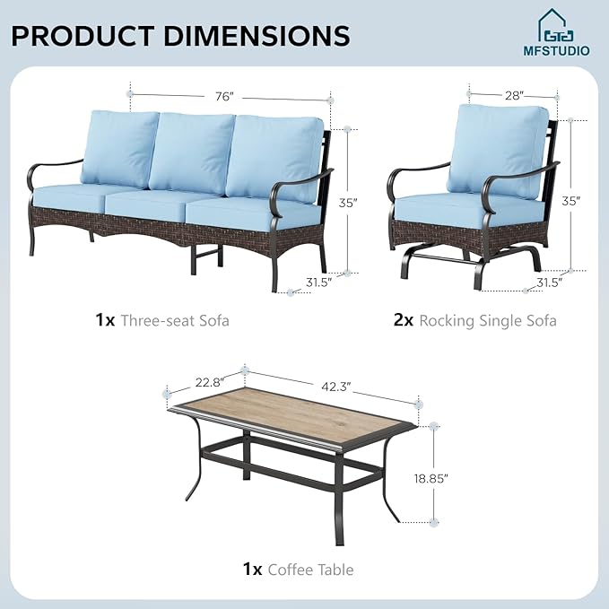 MFSTUDIO 4 Pieces Outdoor Patio Furniture Set, Metal Outdoor Conversation Set, Rattan Wicker Patio Sectional Sofa Set with 2 x Rocking Single Sofa, 3-Seat Sofa, 1 x Coffee Table, Blue