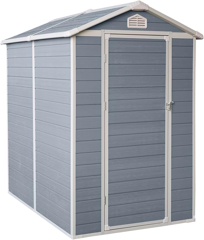 JT 4×6ft Resin Outdoor Storage Shed,Outdoor Storage Shed with Floor & Window to Store Patio Furniture, Garden Tools Bike Accessories, Beach Chairs and Lawn Mower. (4ft×6ft)