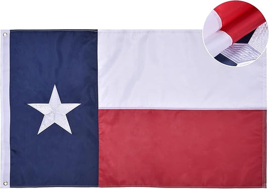 Texas State Flag 3x5 Ft, Deluxe Embroidered Premium Polyester Durable TX Flag with Sewn Stripes and Brass Grommets for Indoor/Outdoor Use