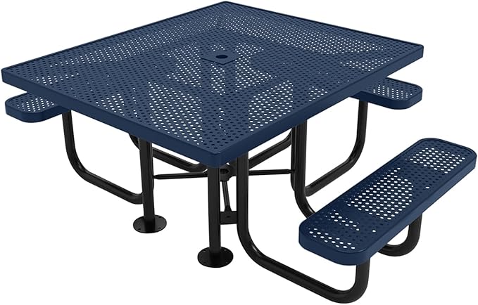 COATEDOUTDOORFURNITURE Heavy-Duty Portable ADA-Compliant Outdoor Picnic Table with Umbrella Hole, Punched Steel Patio Dining Furniture Made in America (46" Square Top, Textured Dark Blue)