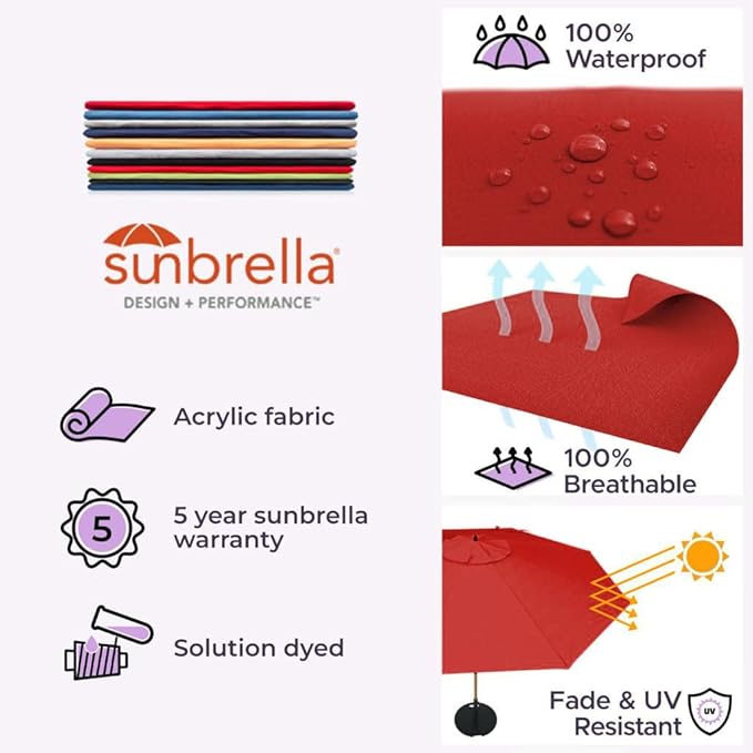 Midtown Umbrellas The Swilt 9 Feet Patio Umbrella in Sunbrella Red Acrylic Fabric - Fiberglass Ribs, Auto-Tilt Aluminum Frame For Backyard, Deck, Garden, Pool - White Pole